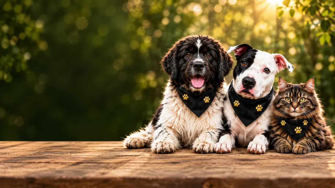 Dos perros y un gato con pañoletas negras de huellas doradas, recostados sobre una mesa de madera al atardecer