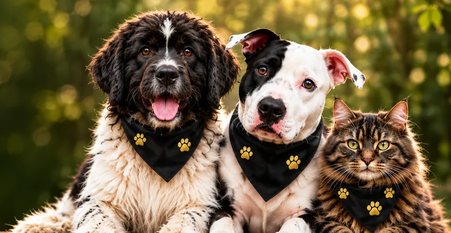 Los dos perros y el gato de la marca, con sus pañoletas de huellas doradas